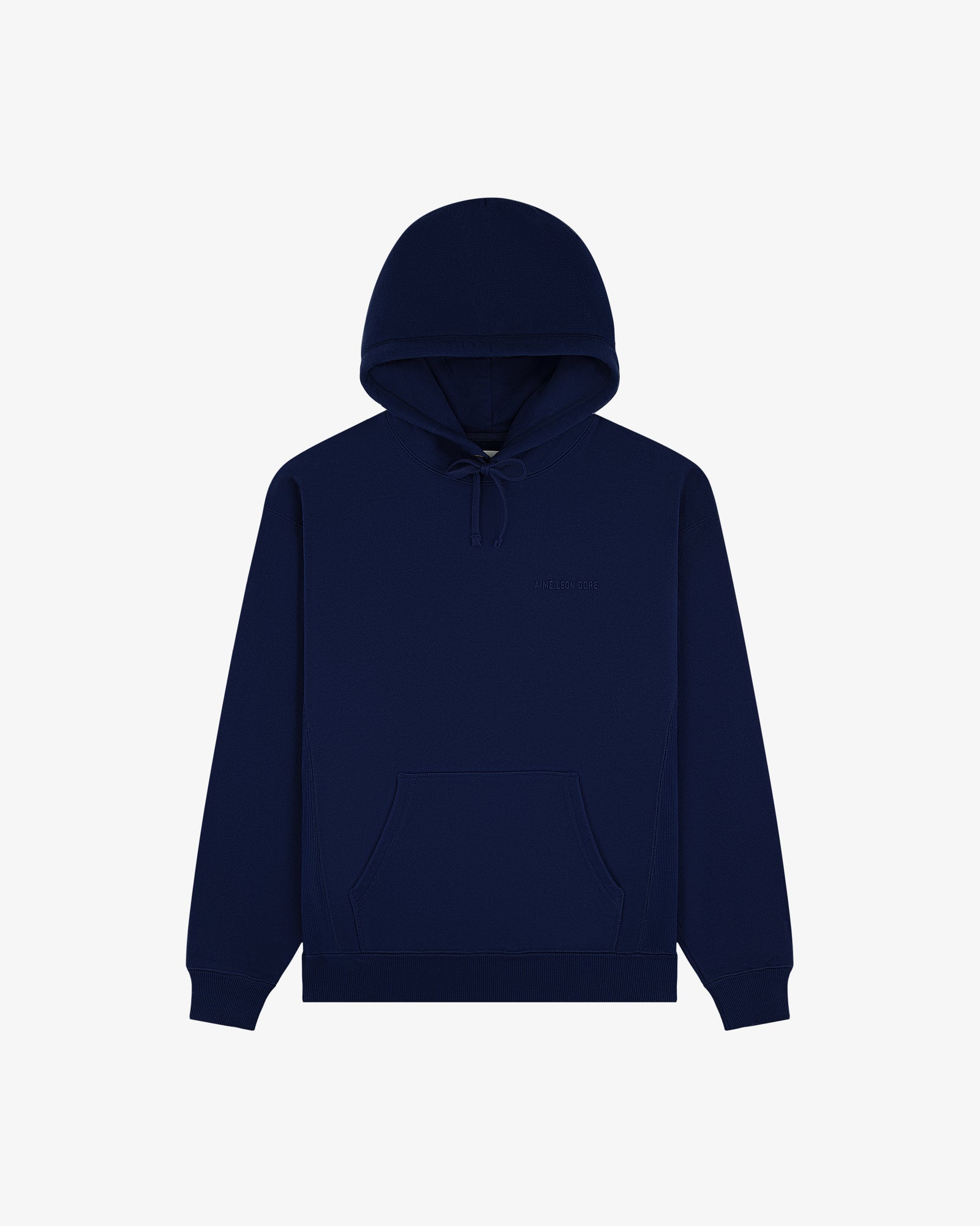 Tonal Logo Hoodie in navy blue with drawstring hood, front pocket, and ribbed cuffs on a white background.