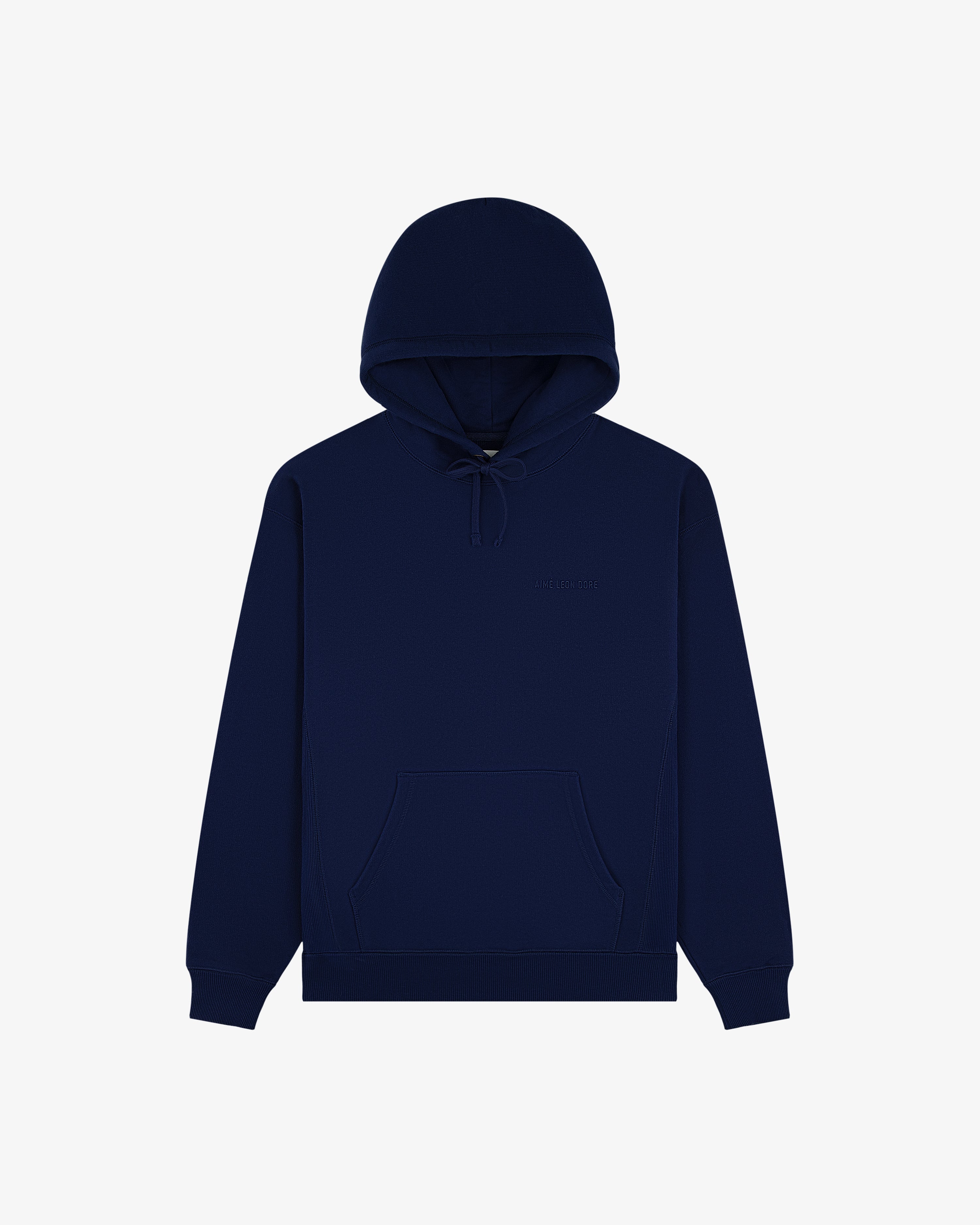 Tonal Logo Hoodie in navy blue with drawstring hood, front pocket, and ribbed cuffs on a white background.