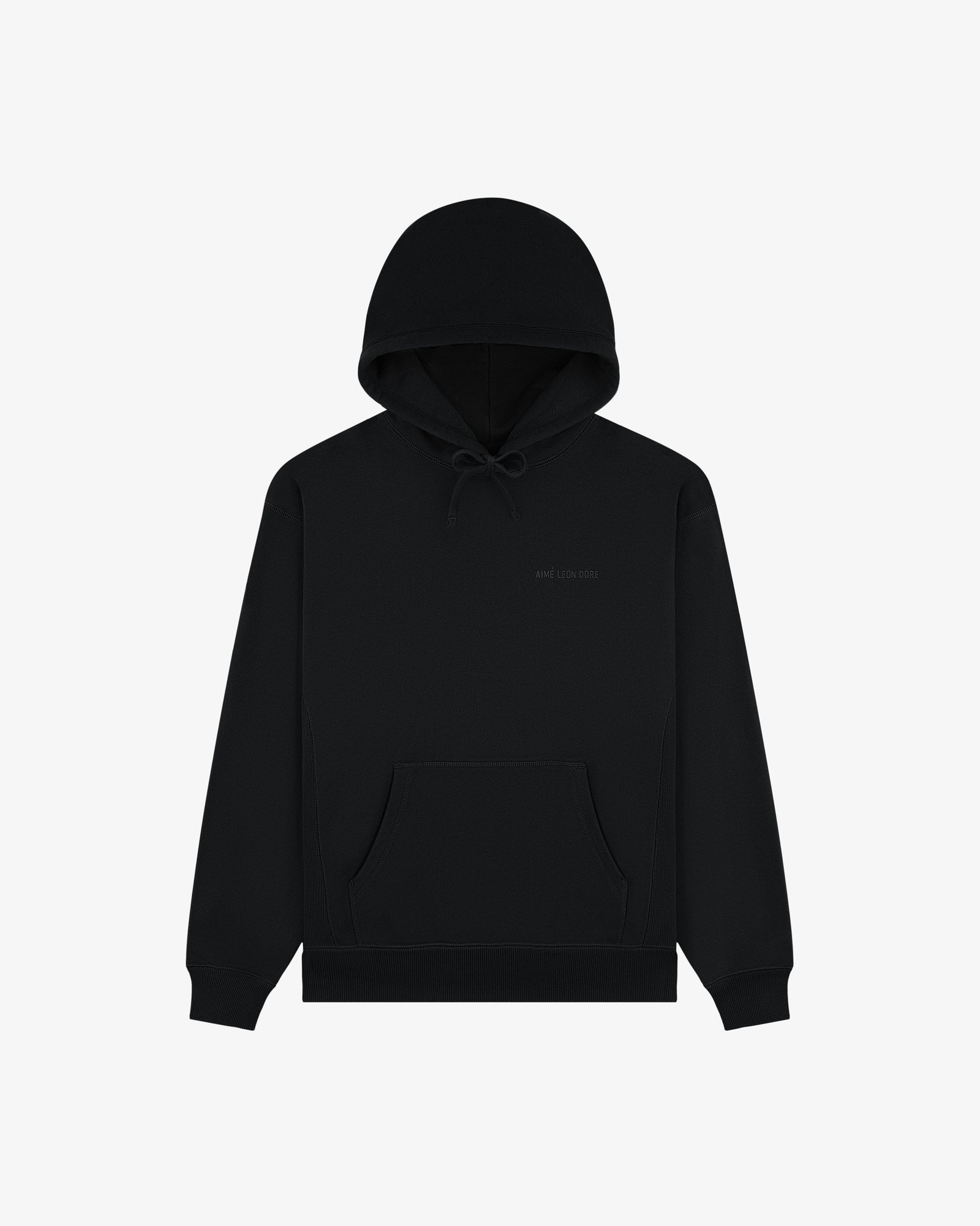 Tonal Logo Hoodie in black with front pocket, drawstring hood, and subtle chest text, shown on white background.