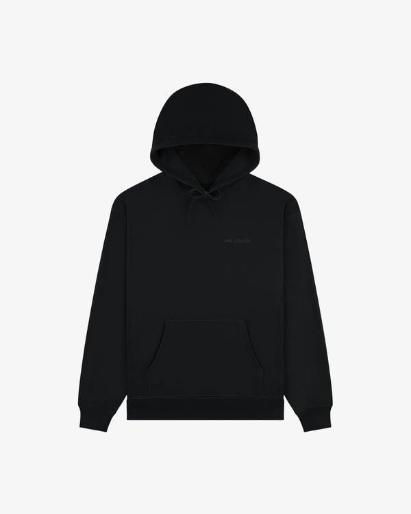 Tonal Logo Hoodie in black with front pocket, drawstring hood, and subtle chest text, shown on white background.