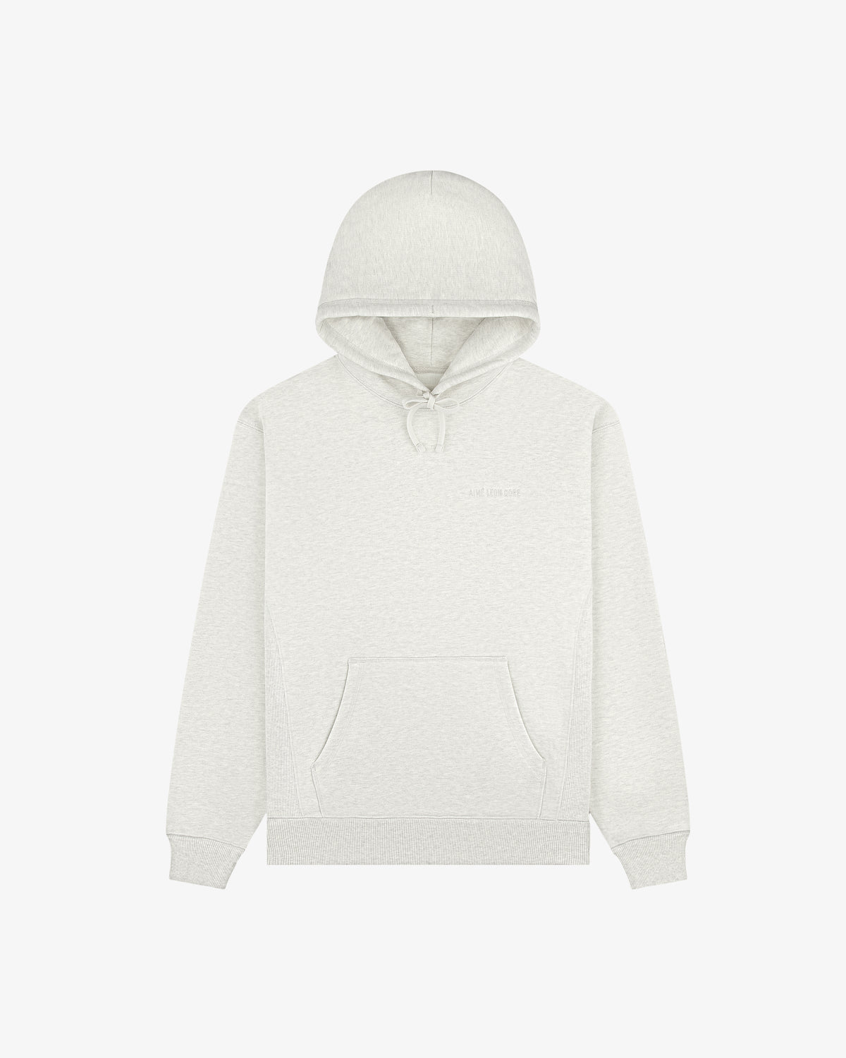 Tonal Logo Hoodie in light gray with front pocket, drawstring hood, and subtle chest text, shown on white background.