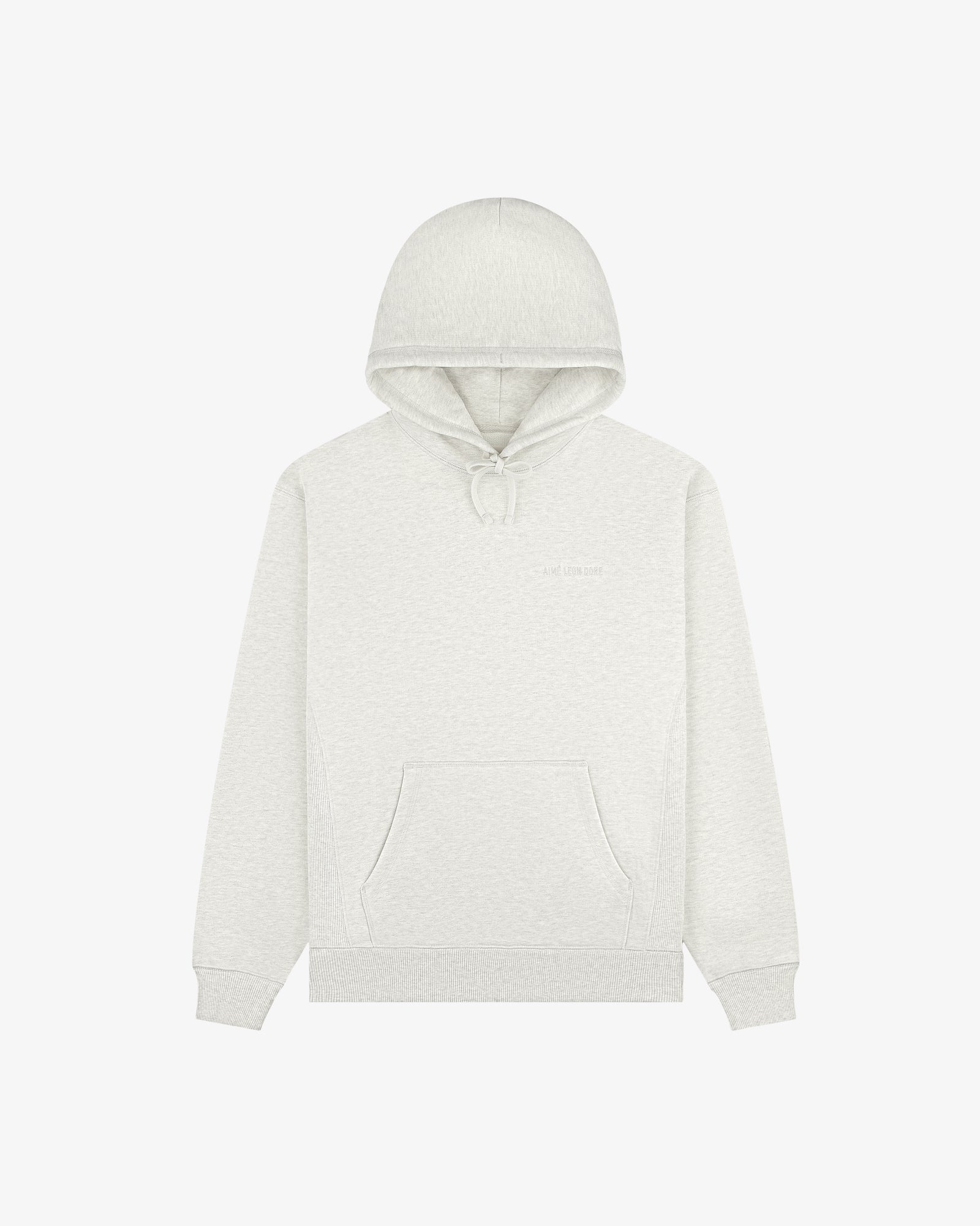 Tonal Logo Hoodie in light gray with front pocket, drawstring hood, and subtle chest text, shown on white background.
