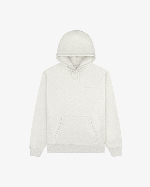 Tonal Logo Hoodie in light gray with front pocket, drawstring hood, and subtle chest text, shown on white background.