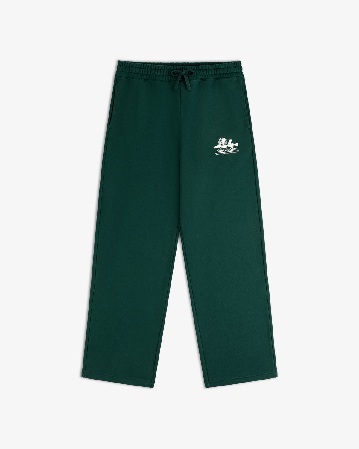 Unisphere Sweatpants in dark green with elastic waist, drawstring, and white text on the left thigh, shown flat.