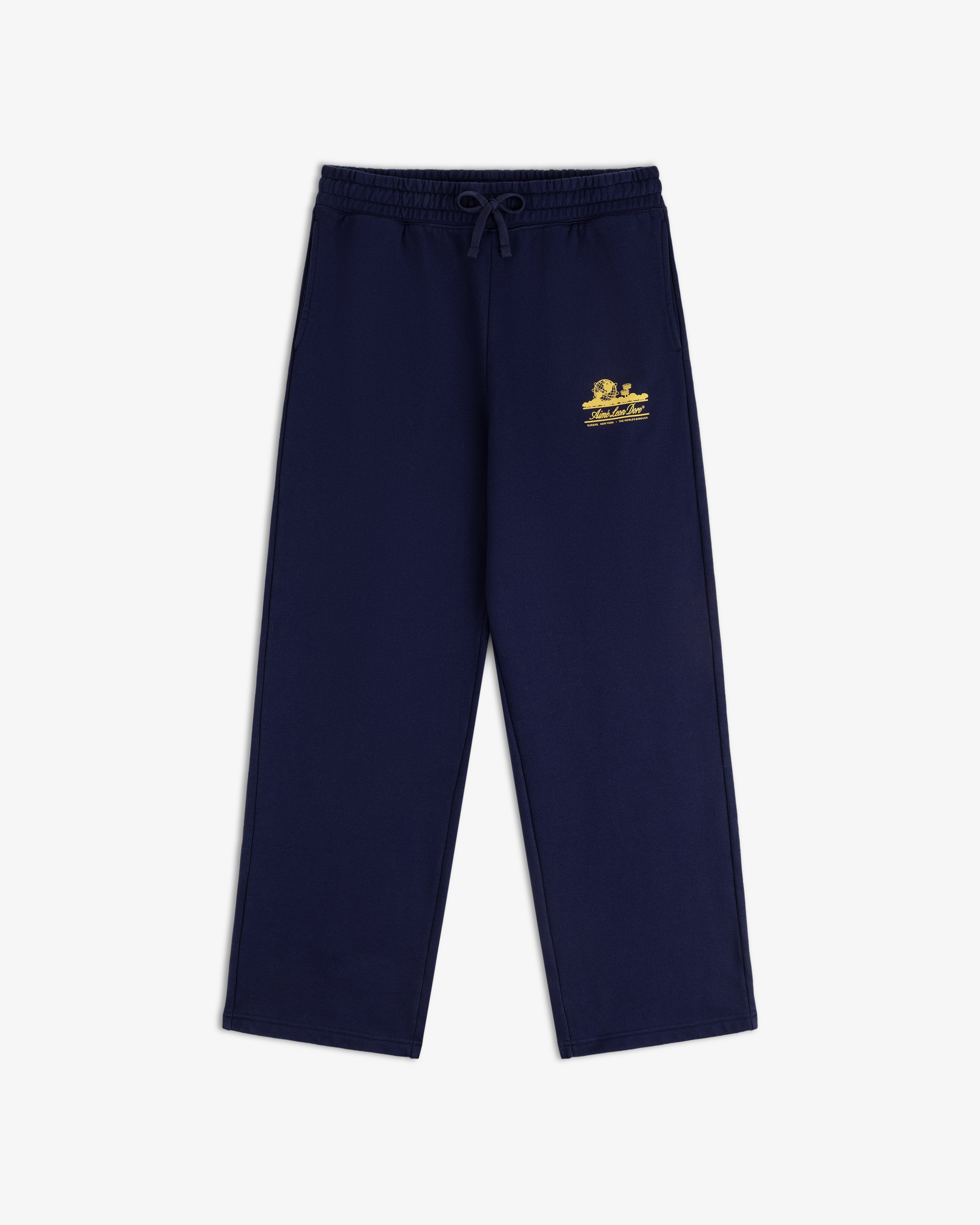 Unisphere Sweatpants: navy blue with elastic waist, drawstring, and yellow logo on hip, shown on white background.