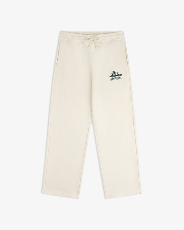 Unisphere Sweatpants: Beige wide-leg style, drawstring waist, small green logo embroidered on left thigh.