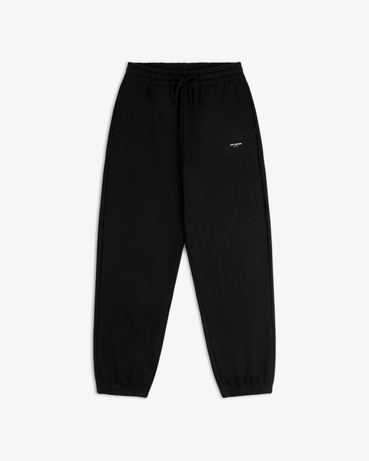 Micro Logo Sweatpants: black, elastic waist, drawstring, cuffed ankles, small white logo on left thigh.