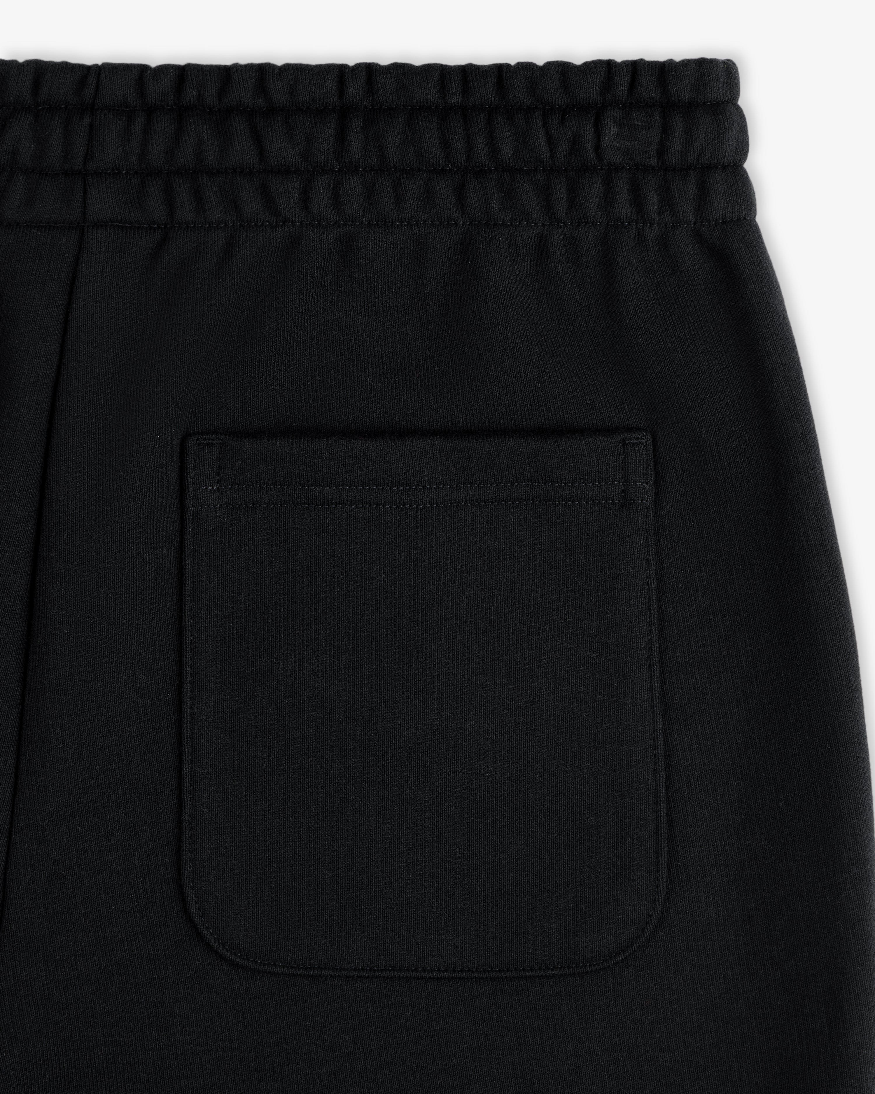 Close-up of Micro Logo Sweatpants in black, featuring an elastic waistband and one square back pocket.