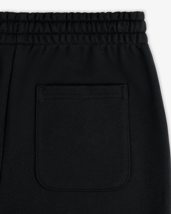 Close-up of Micro Logo Sweatpants in black, featuring an elastic waistband and one square back pocket.