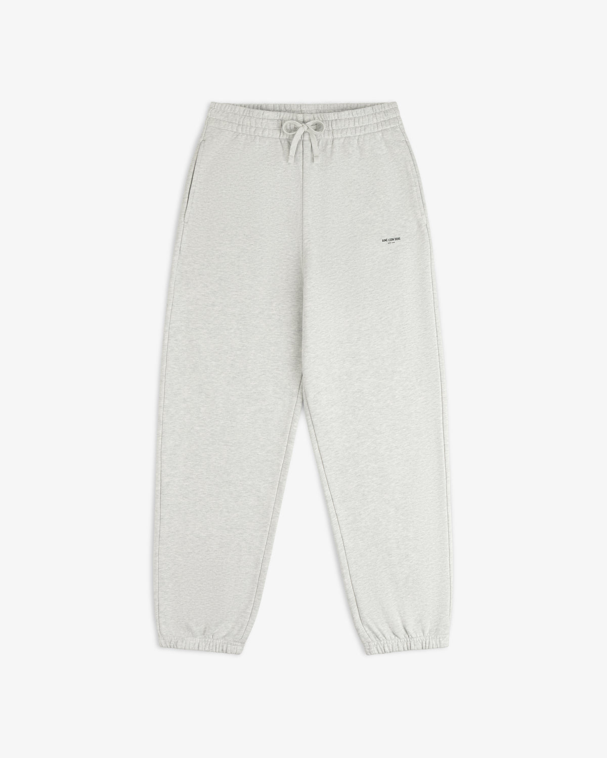 Micro Logo Sweatpants: light gray, elastic waist & cuffs, drawstring, side pockets, small logo on left thigh.
