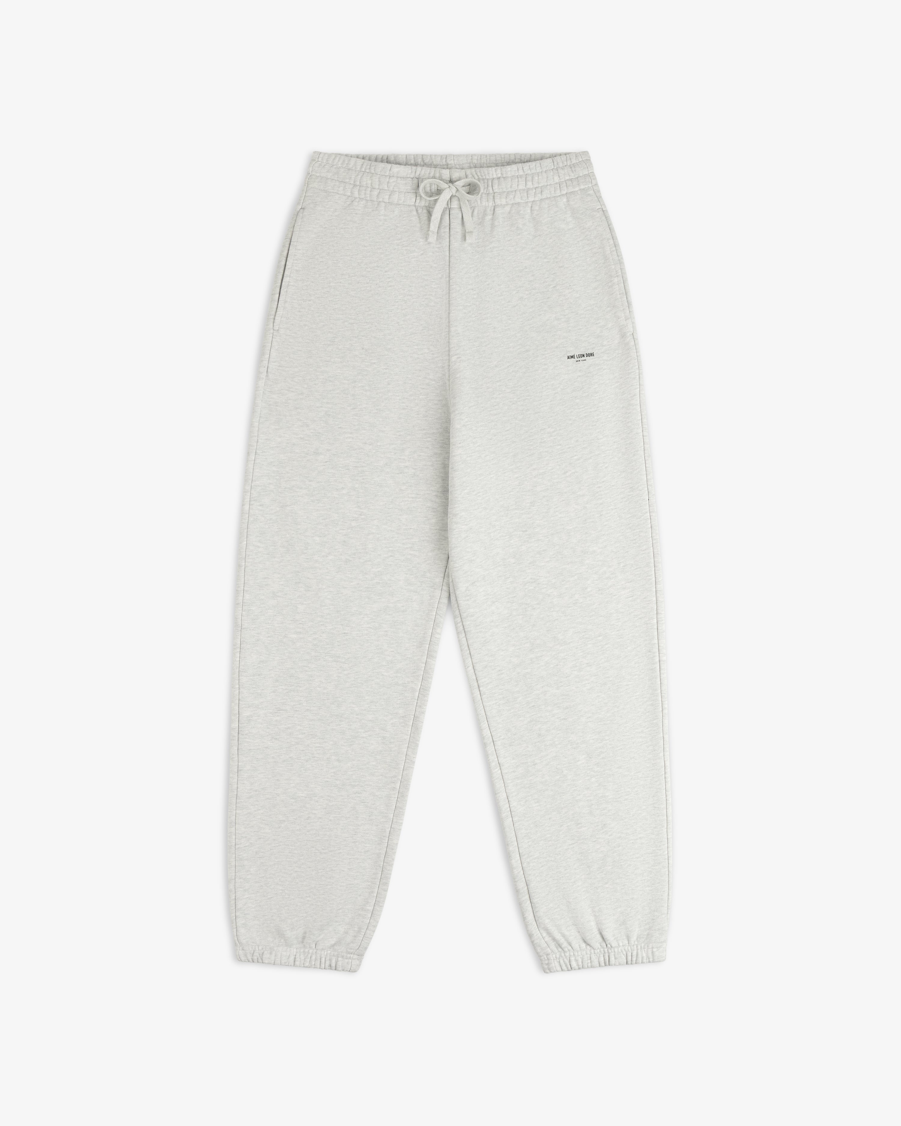 Micro Logo Sweatpants: light gray, elastic waist & cuffs, drawstring, side pockets, small logo on left thigh.