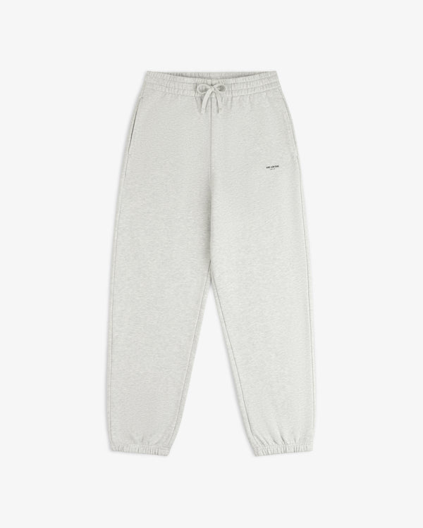 Micro Logo Sweatpants: light gray, elastic waist & cuffs, drawstring, side pockets, small logo on left thigh.