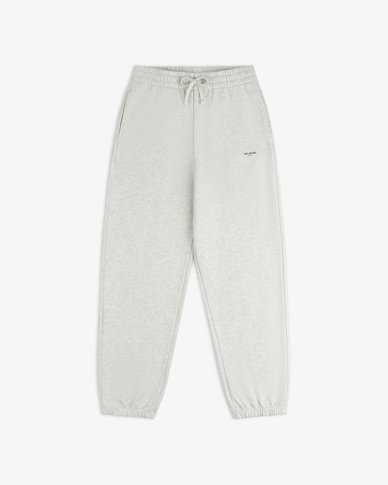 Micro Logo Sweatpants: light gray, elastic waist & cuffs, drawstring, side pockets, small logo on left thigh.