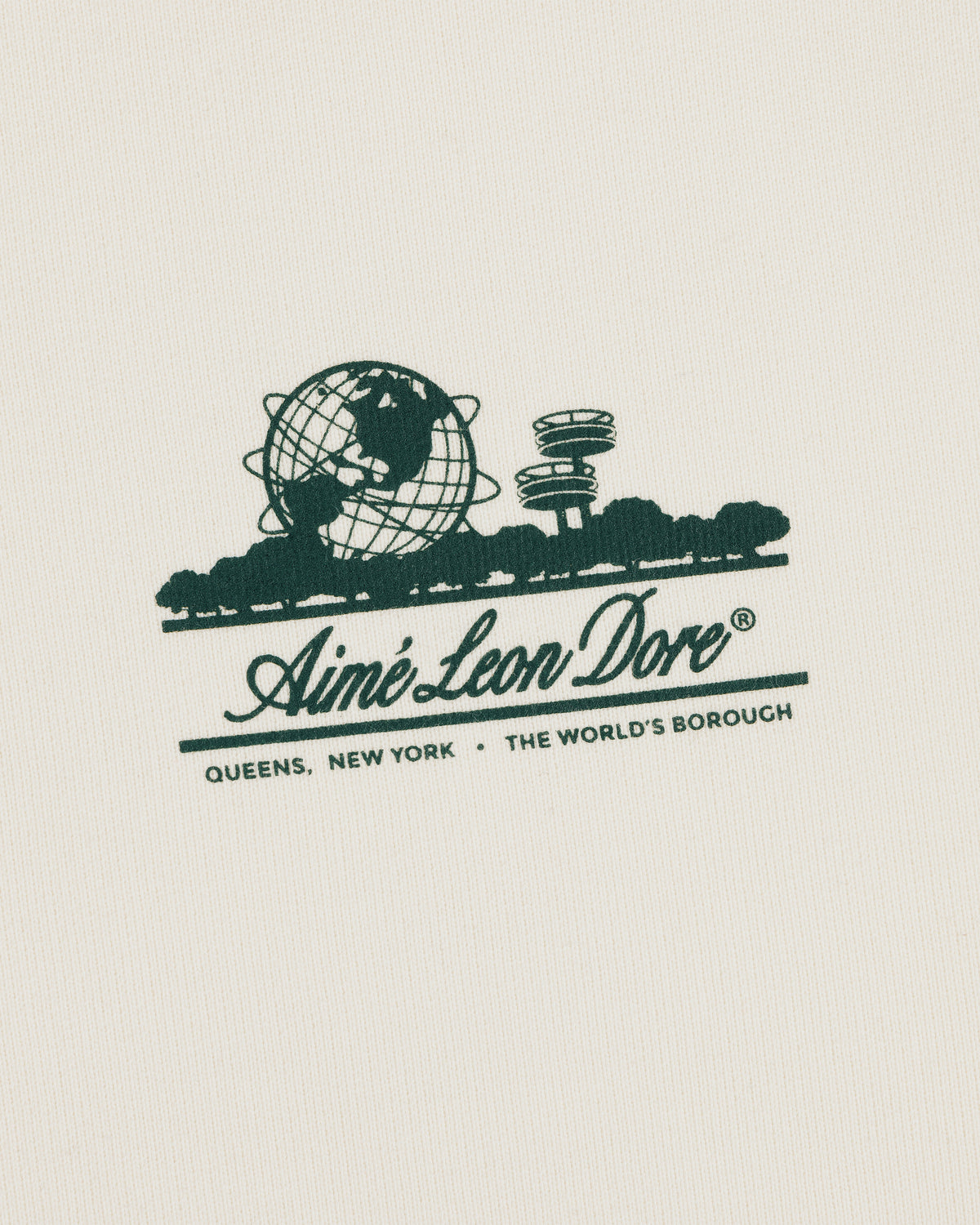 Unisphere Crewneck Sweatshirt: Aime Leon Dore logo, globe, trees & "QUEENS, NEW YORK - THE WORLDS BOROUGH" text.