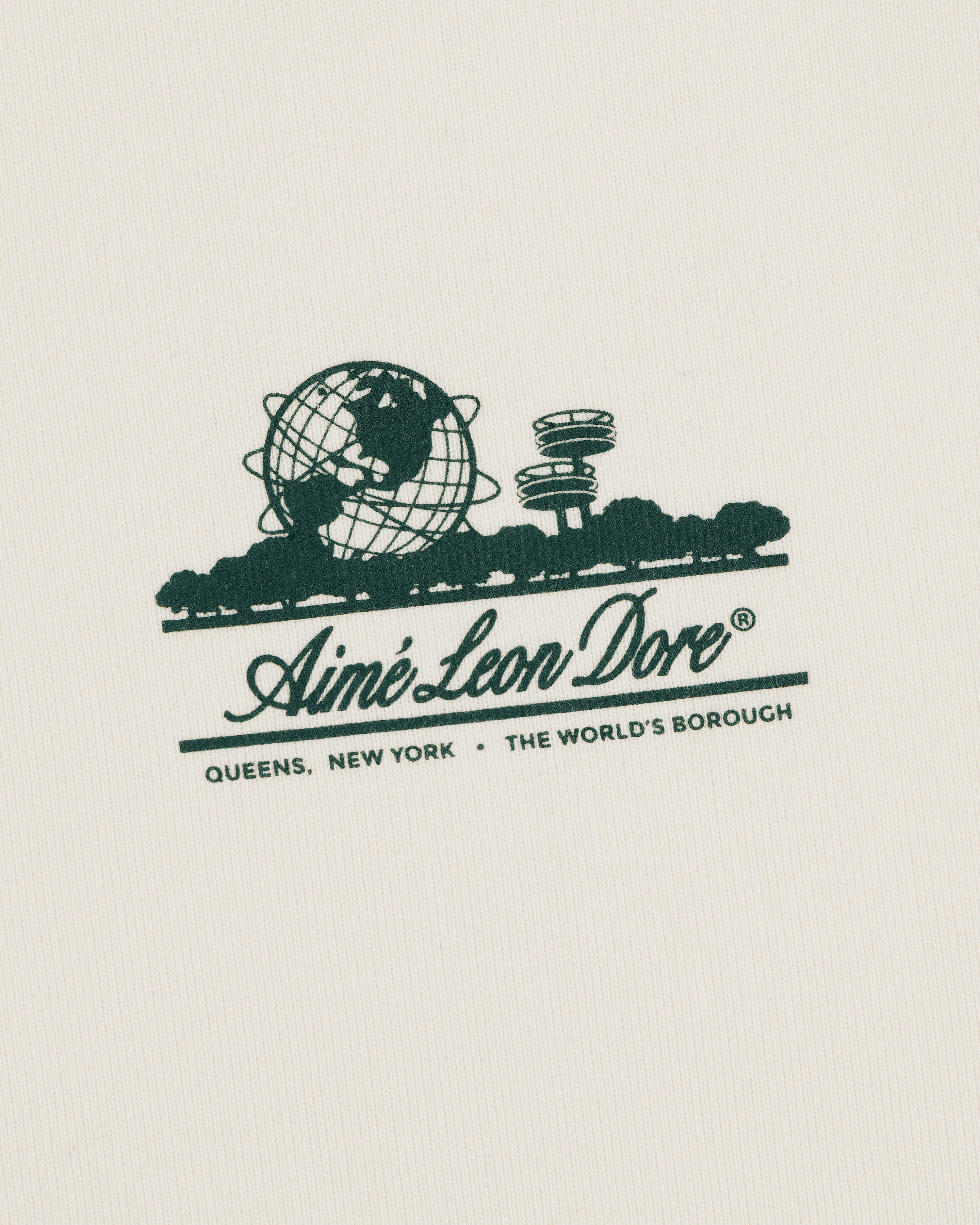 Unisphere Crewneck Sweatshirt: Aime Leon Dore logo, globe, trees & "QUEENS, NEW YORK - THE WORLDS BOROUGH" text.