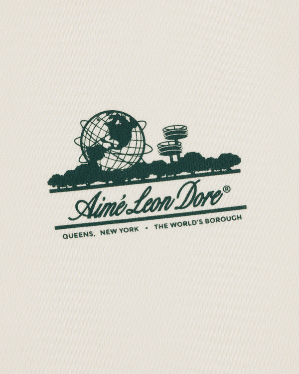 Unisphere Crewneck Sweatshirt: Aime Leon Dore logo, globe, trees & "QUEENS, NEW YORK - THE WORLDS BOROUGH" text.