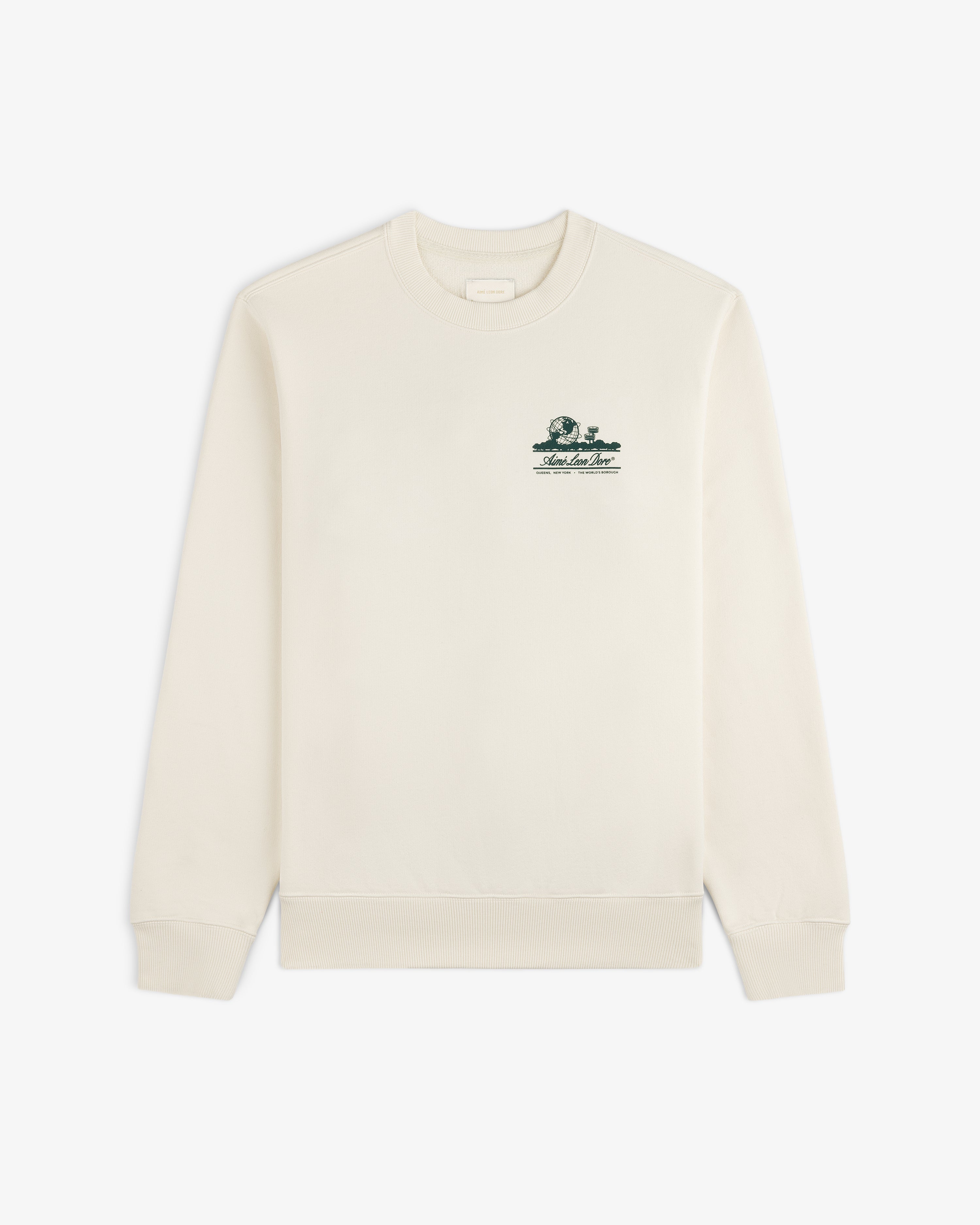 Unisphere Crewneck Sweatshirt in cream with a small green graphic and text on the left chest.