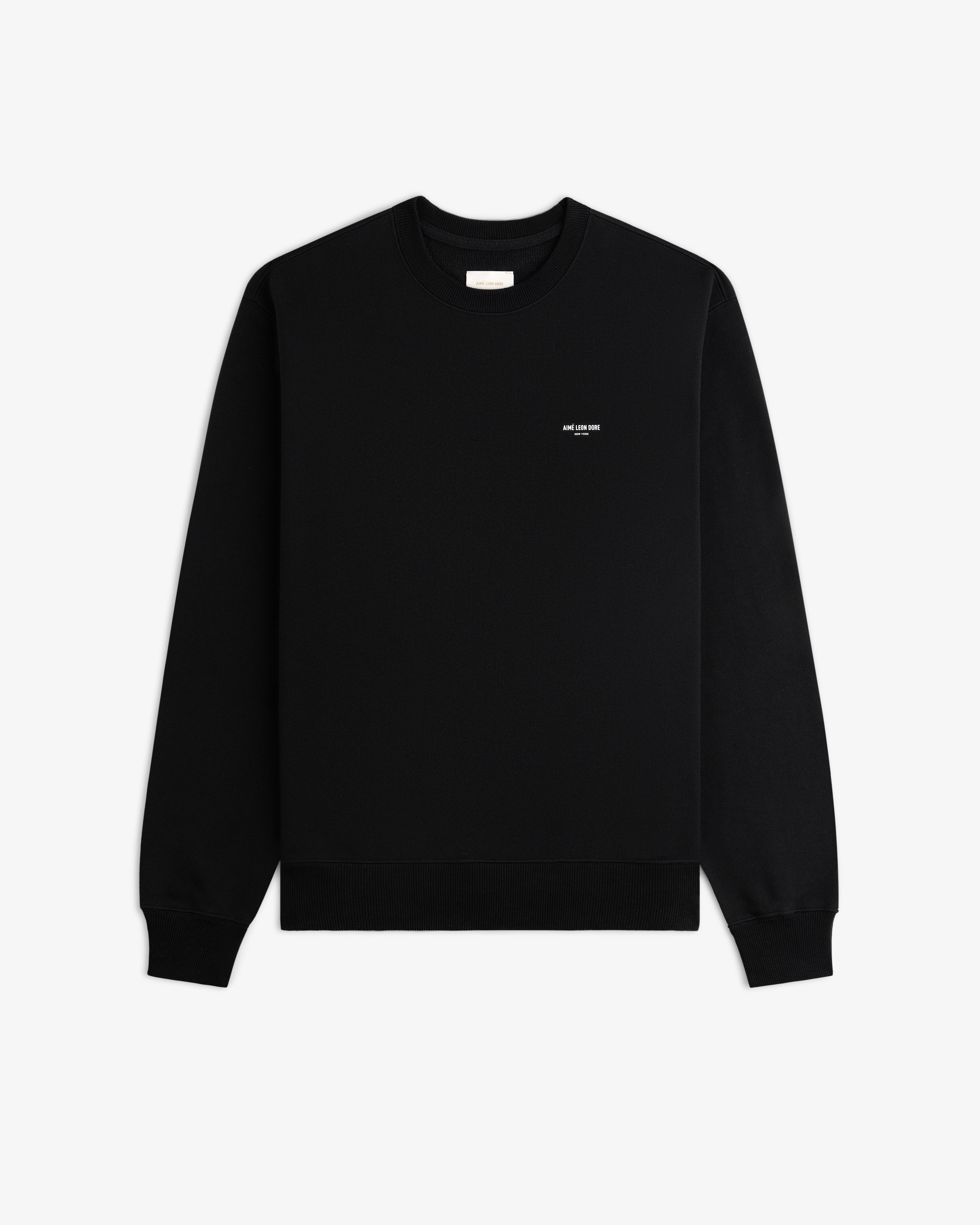 Micro Logo Crewneck Sweatshirt in black with small white chest text, displayed flat on a white background.