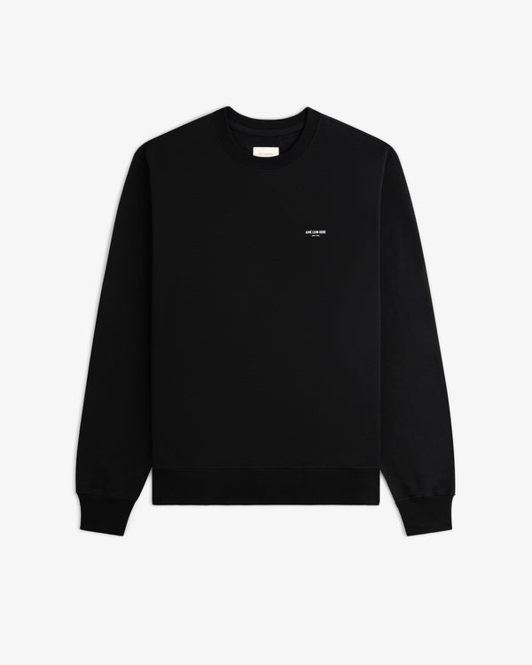 Micro Logo Crewneck Sweatshirt in black with small white chest text, displayed flat on a white background.