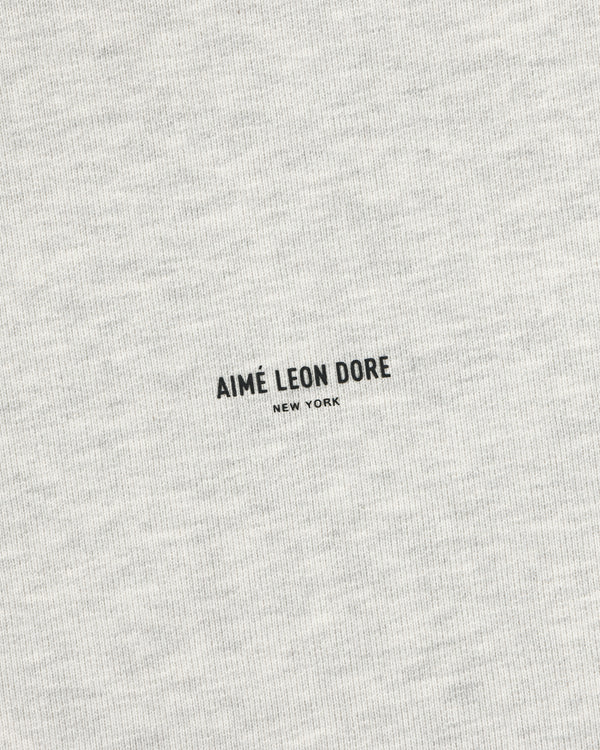 Close-up of a heather gray Micro Logo Crewneck Sweatshirt with small black AIMÉ LEON DORE NEW YORK at the center.