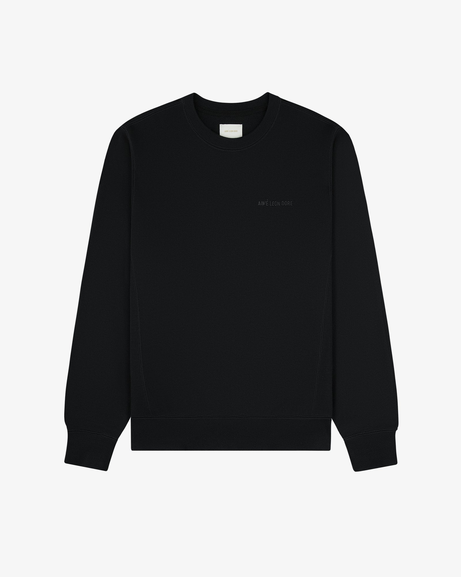 Tonal Logo Crewneck Sweatshirt in plain black with small chest text, shown on a white background.