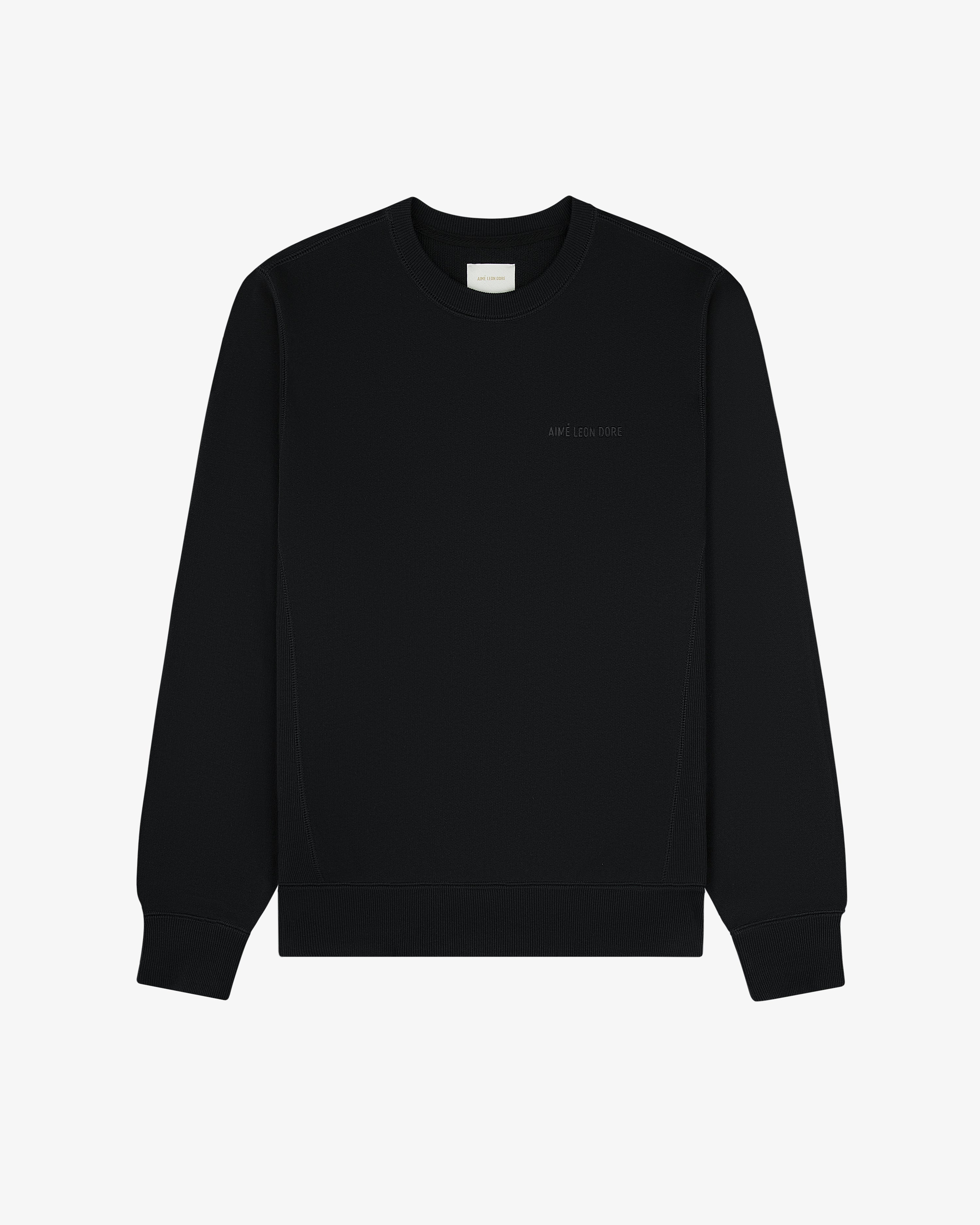 Tonal Logo Crewneck Sweatshirt in plain black with small chest text, shown on a white background.