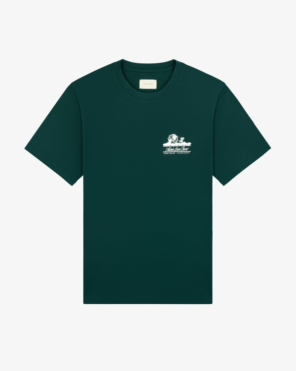 Unisphere Tee in dark green with small white graphic and text on left chest, laid flat on a white background.
