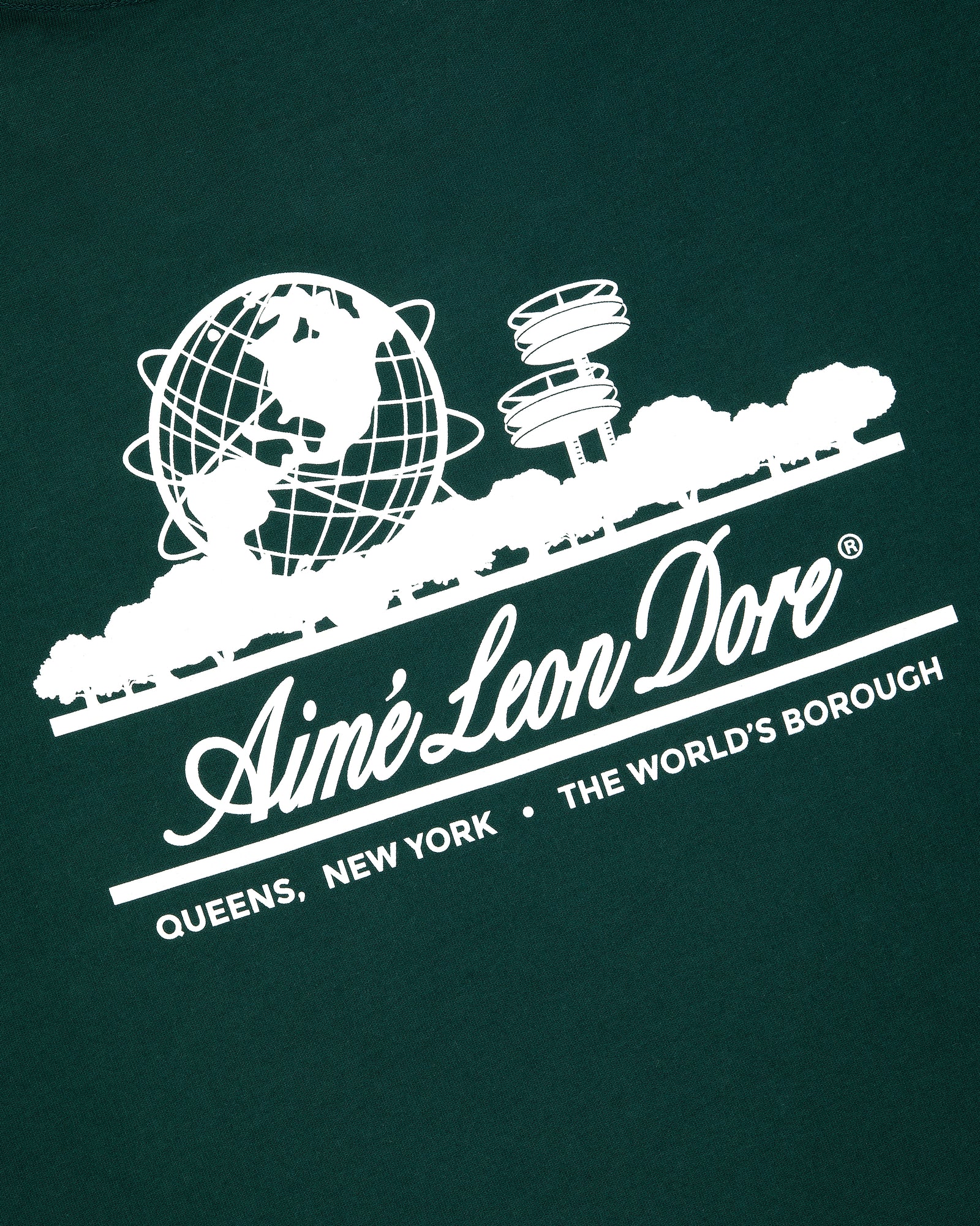 White Unisphere Tee logo with globe, trees, and NYC landmarks on dark green. Text: QUEENS, NEW YORK • THE WORLDS BOROUGH.