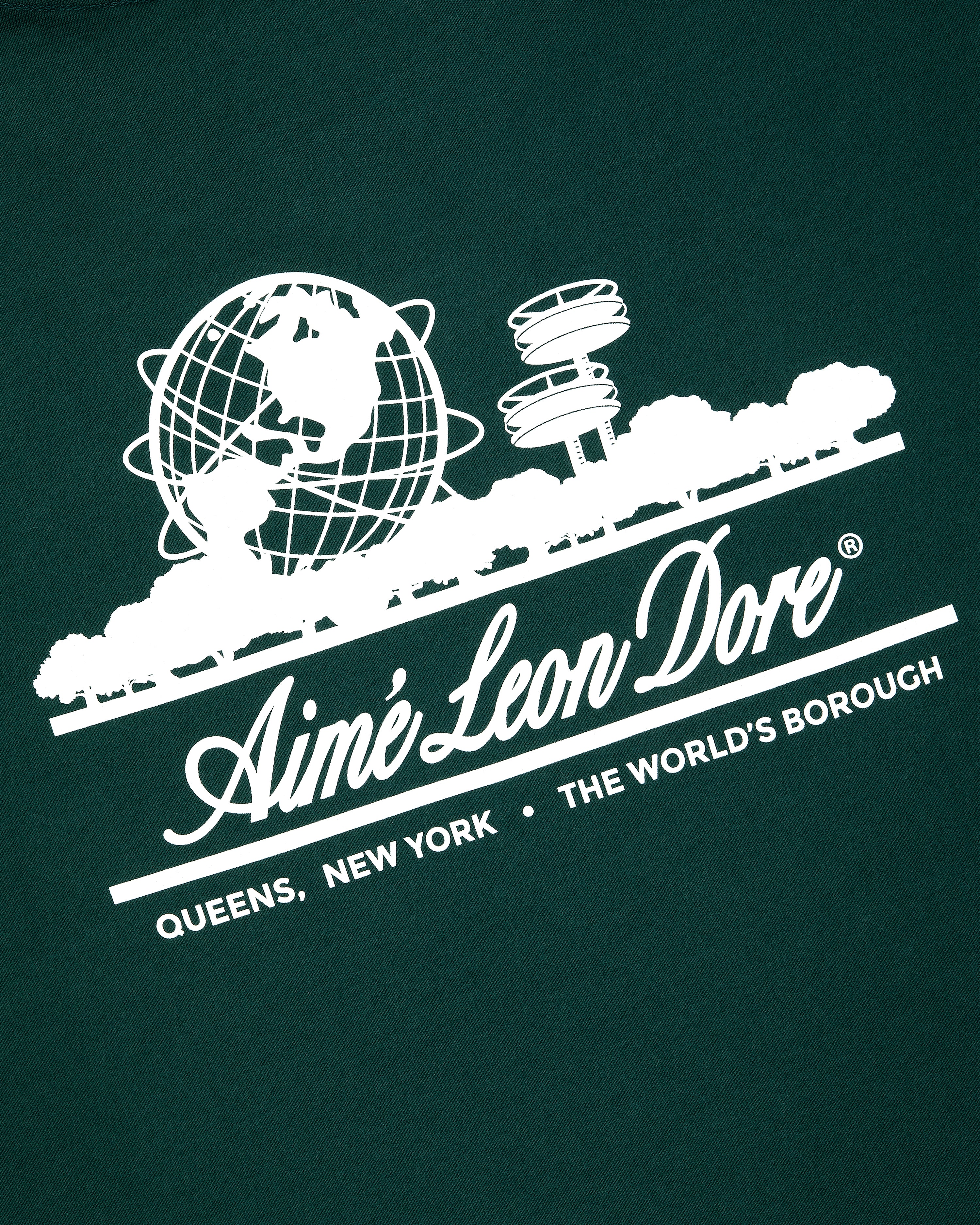 White Unisphere Tee logo with globe, trees, and NYC landmarks on dark green. Text: QUEENS, NEW YORK • THE WORLDS BOROUGH.