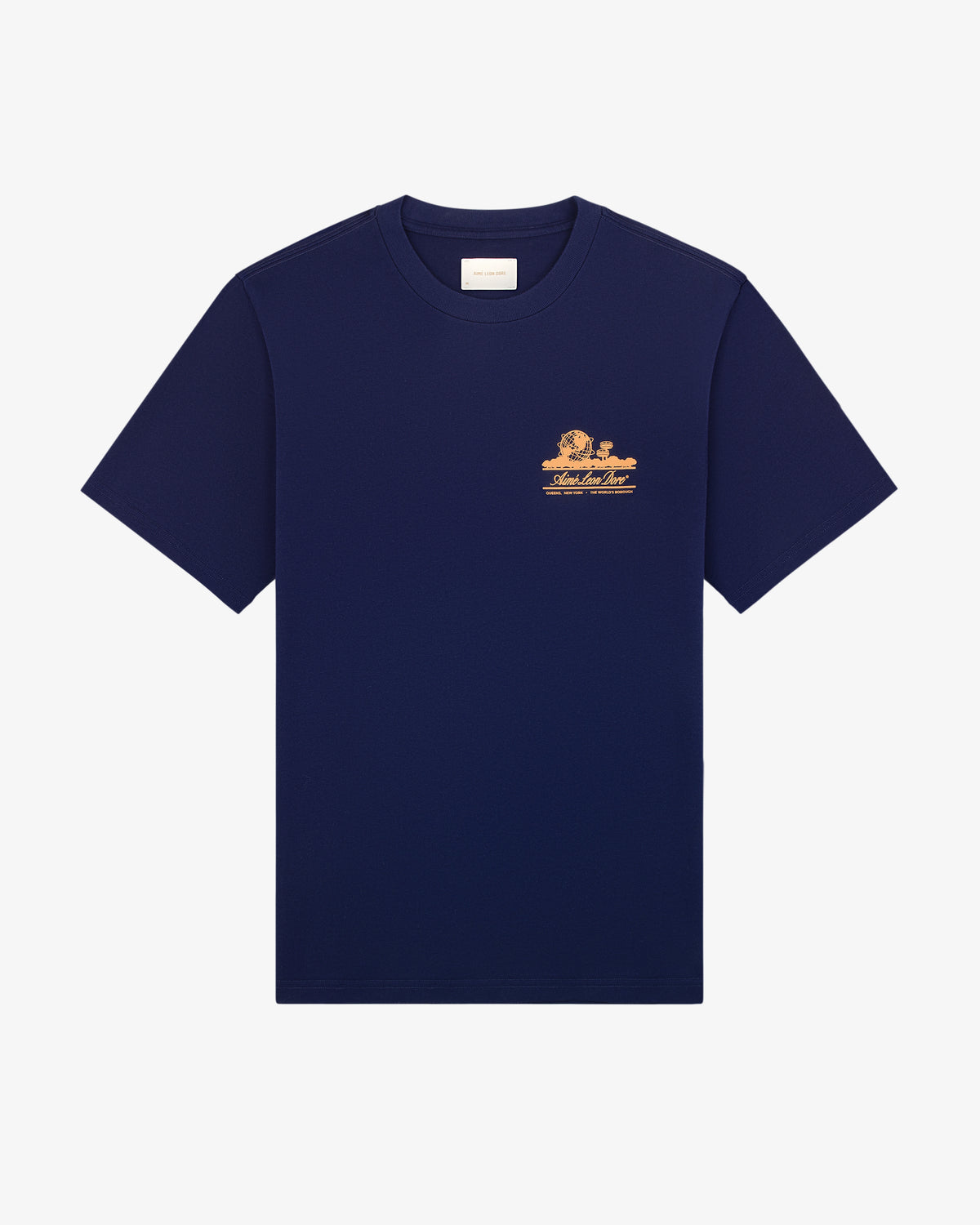 Unisphere Tee in navy blue with a small gold graphic and text on the left chest, shown on a white background.