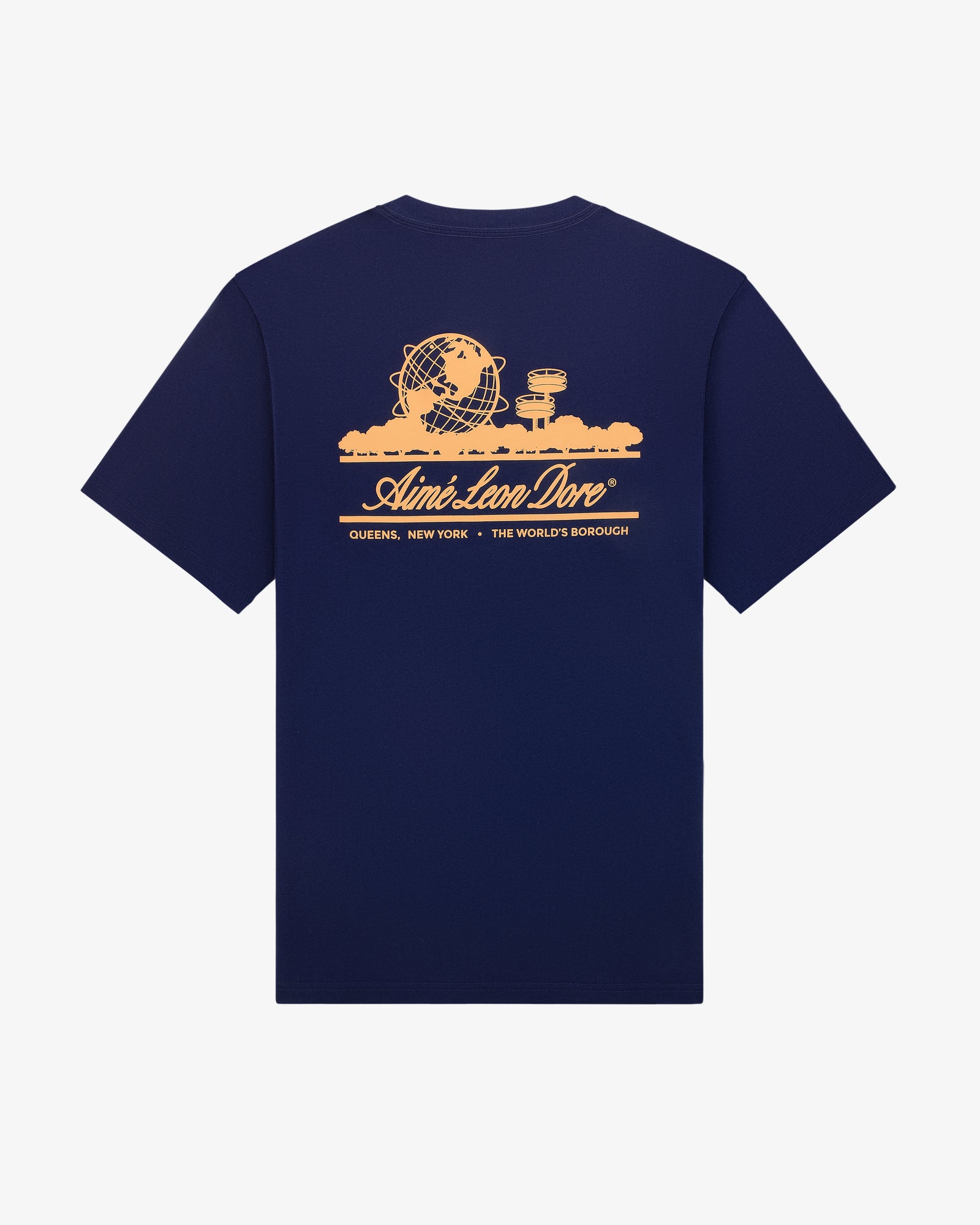 Navy blue Unisphere Tee with orange globe and cityscape graphic, and Aimé Leon Dore Queens, New York text on back.