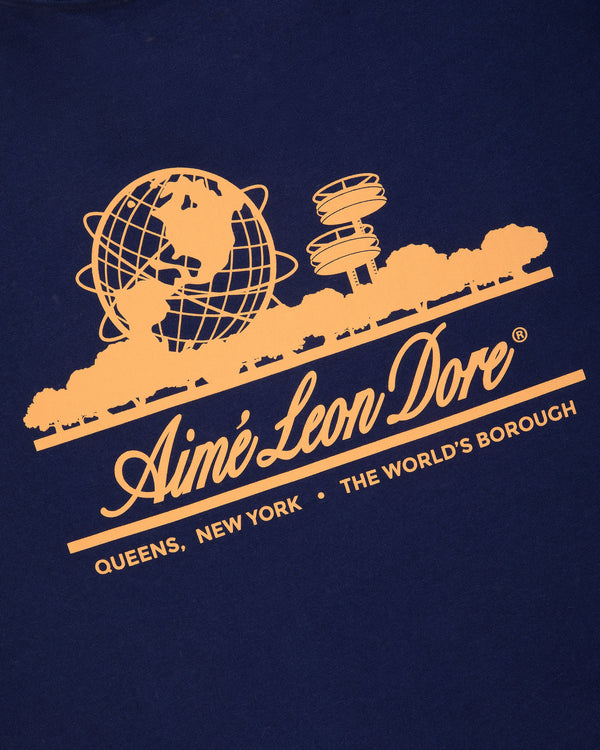 Navy Unisphere Tee with yellow Aimé Leon Dore logo, globe, trees, Queens landmarks, and text.