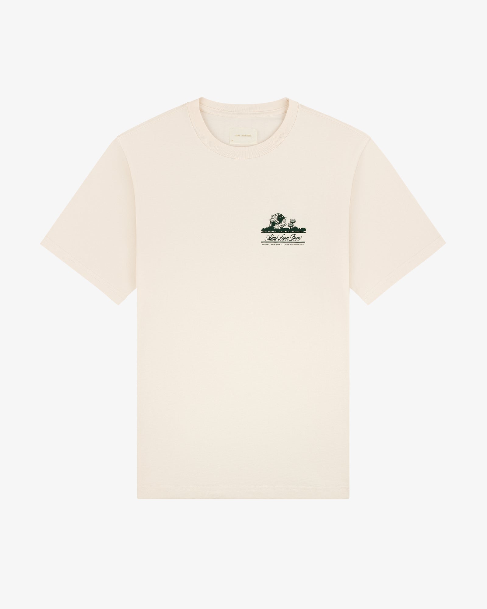Beige Unisphere Tee featuring a small green graphic and text on the left chest.