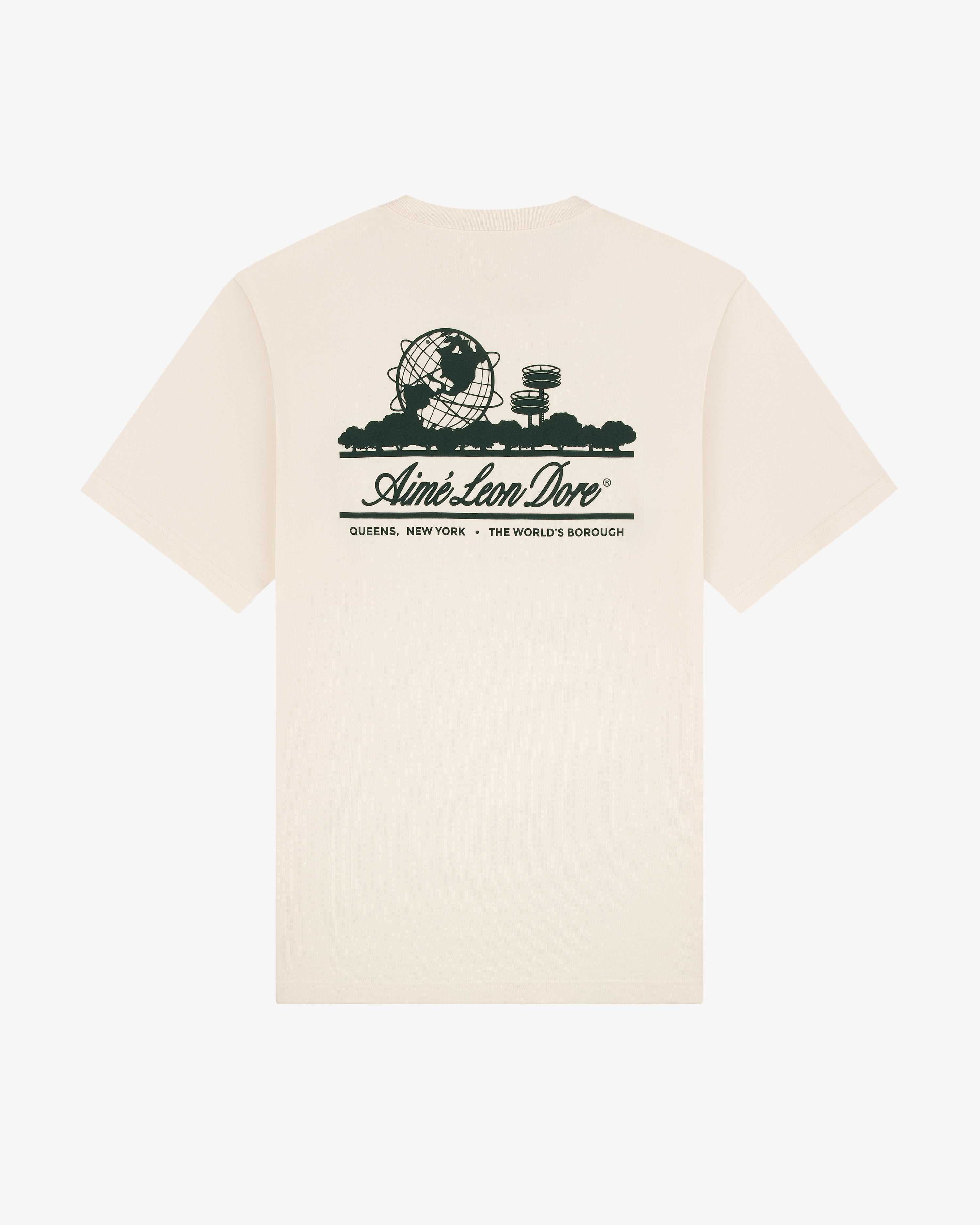Beige Unisphere Tee featuring black graphic of Unisphere, trees, buildings, and Aimé Leon Dore Queens, NY text.