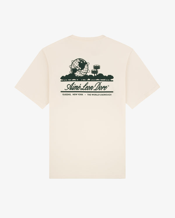 Beige Unisphere Tee featuring black graphic of Unisphere, trees, buildings, and Aimé Leon Dore Queens, NY text.