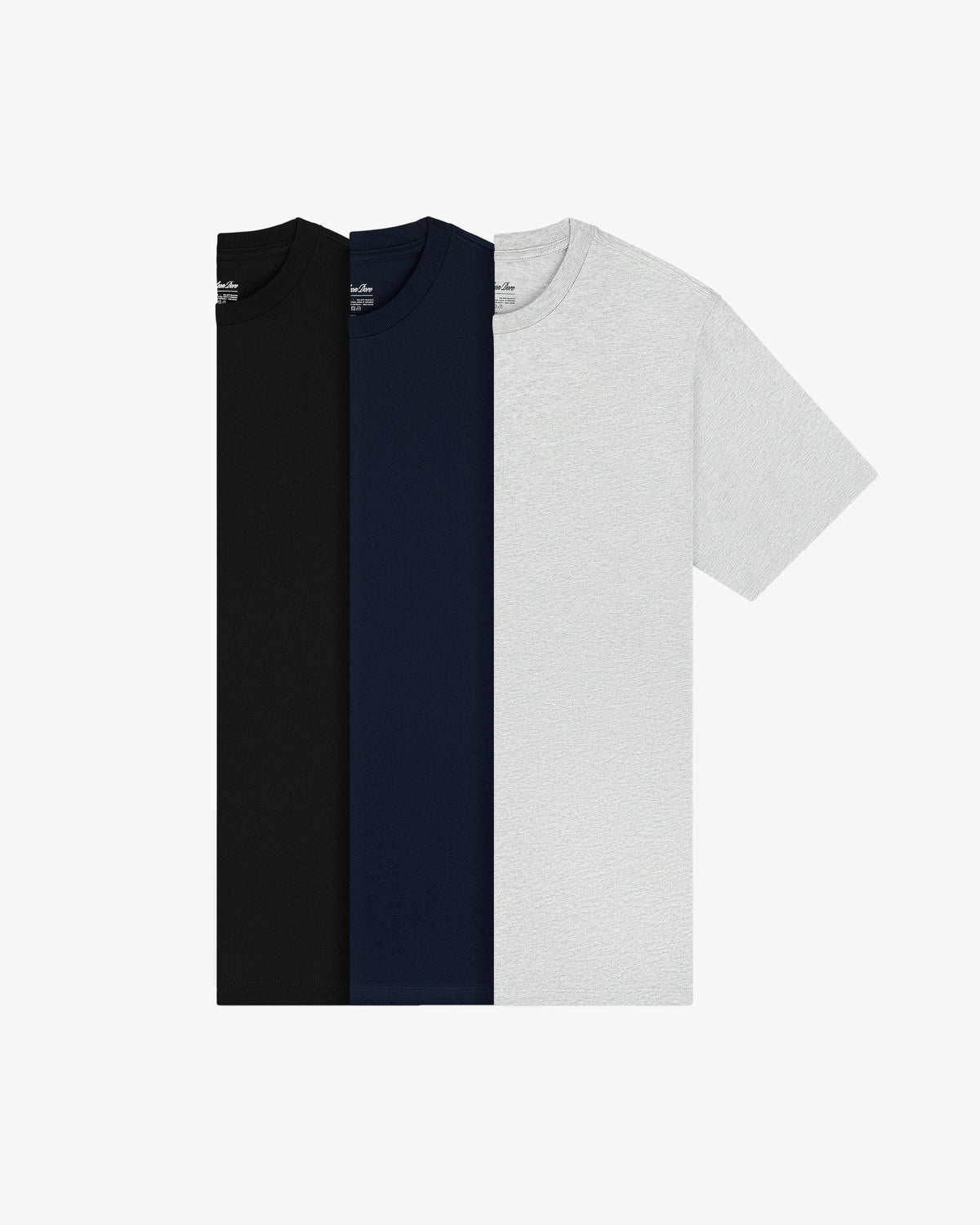 The Multi-Color T-Shirt 3-Pack features black, navy blue, and light gray crew-necks side by side on white.