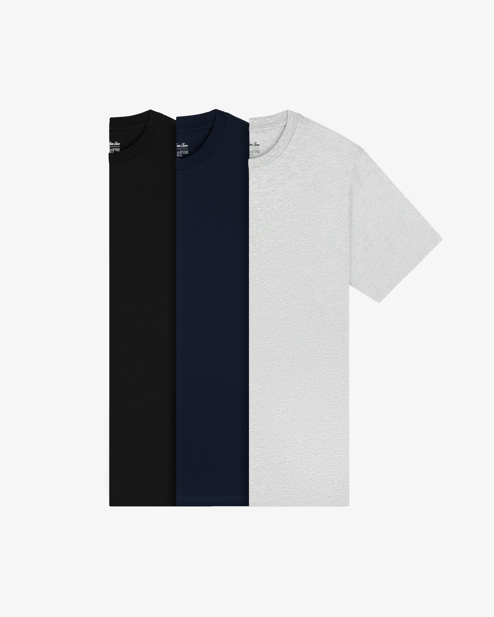 The Multi-Color T-Shirt 3-Pack features black, navy blue, and light gray crew-necks side by side on white.