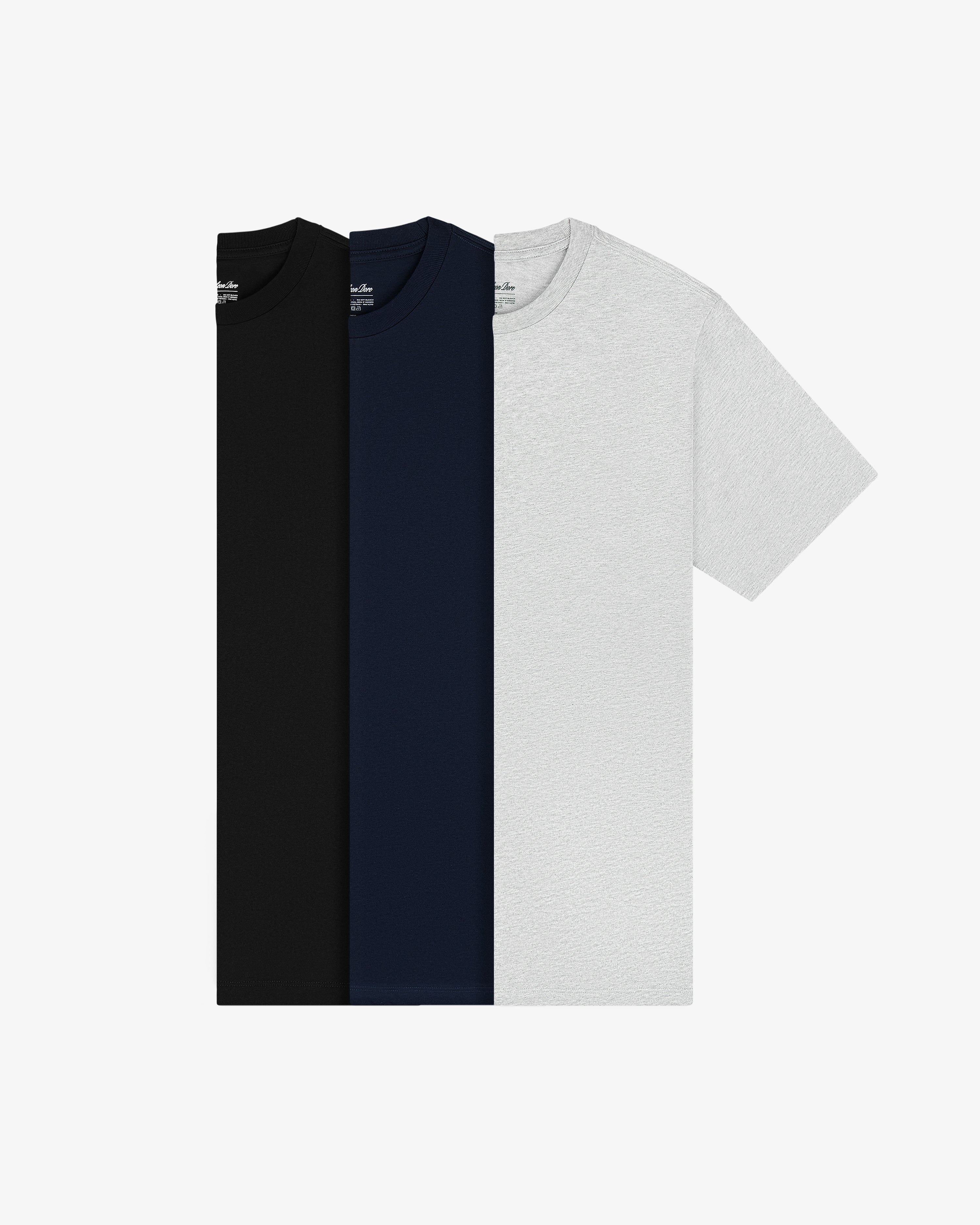 The Multi-Color T-Shirt 3-Pack features black, navy blue, and light gray crew-necks side by side on white.