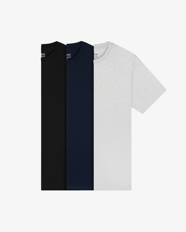 The Multi-Color T-Shirt 3-Pack features black, navy blue, and light gray crew-necks side by side on white.