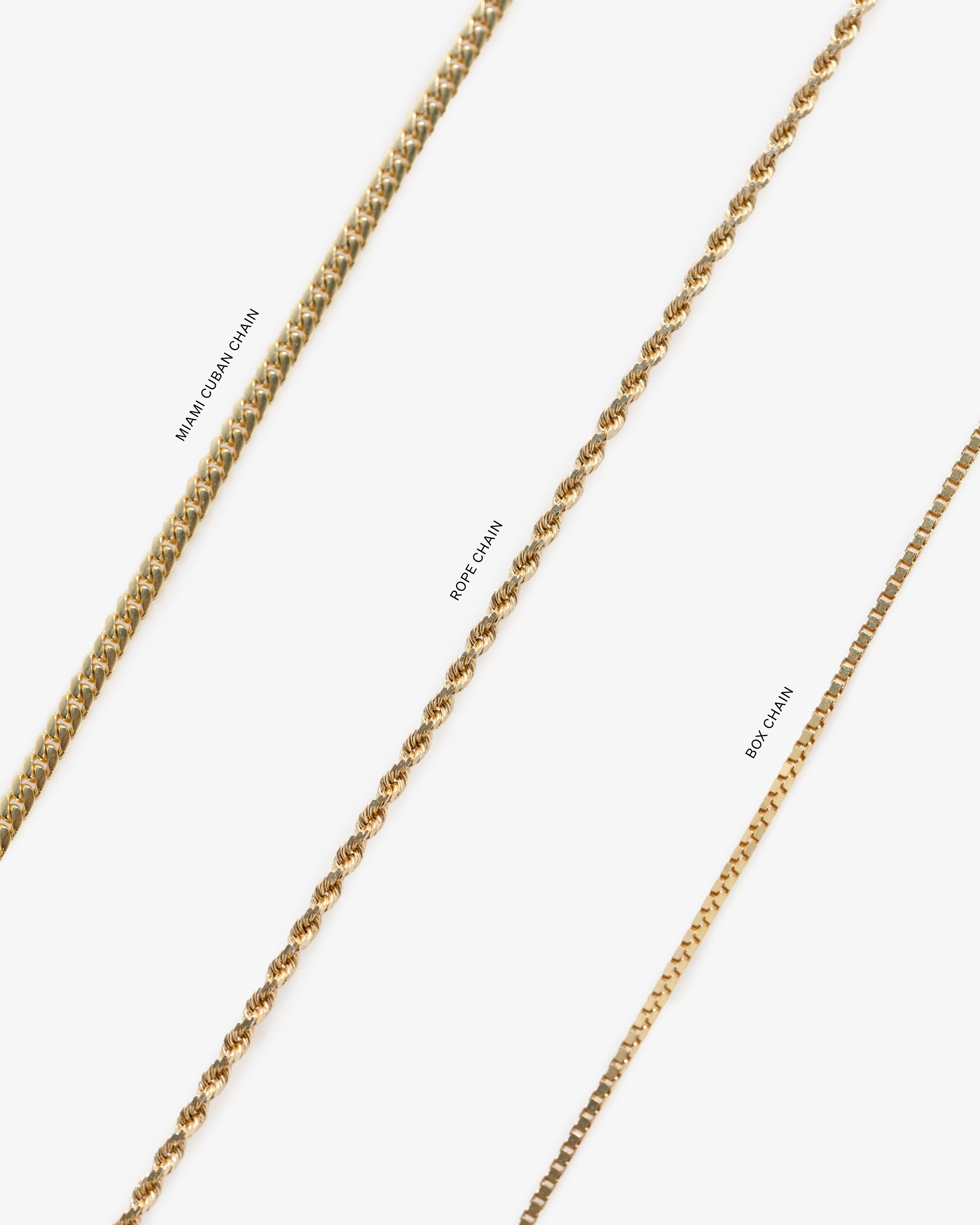Three 14Kt Gold Pendant chains—mariner, rope, and box—are displayed side by side on a white background.