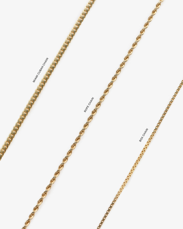 14Kt Gold Dove Pendant displayed on a white background with Milan, Rope, and Box gold chains.