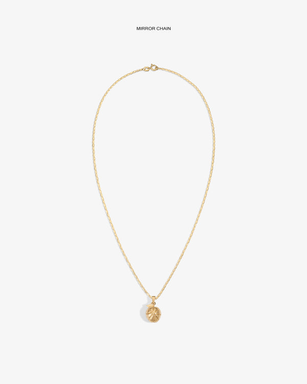 14Kt Sonny Apple Pendant necklace with round, engraved charm on white background. Text above: MIRROR CHAIN.