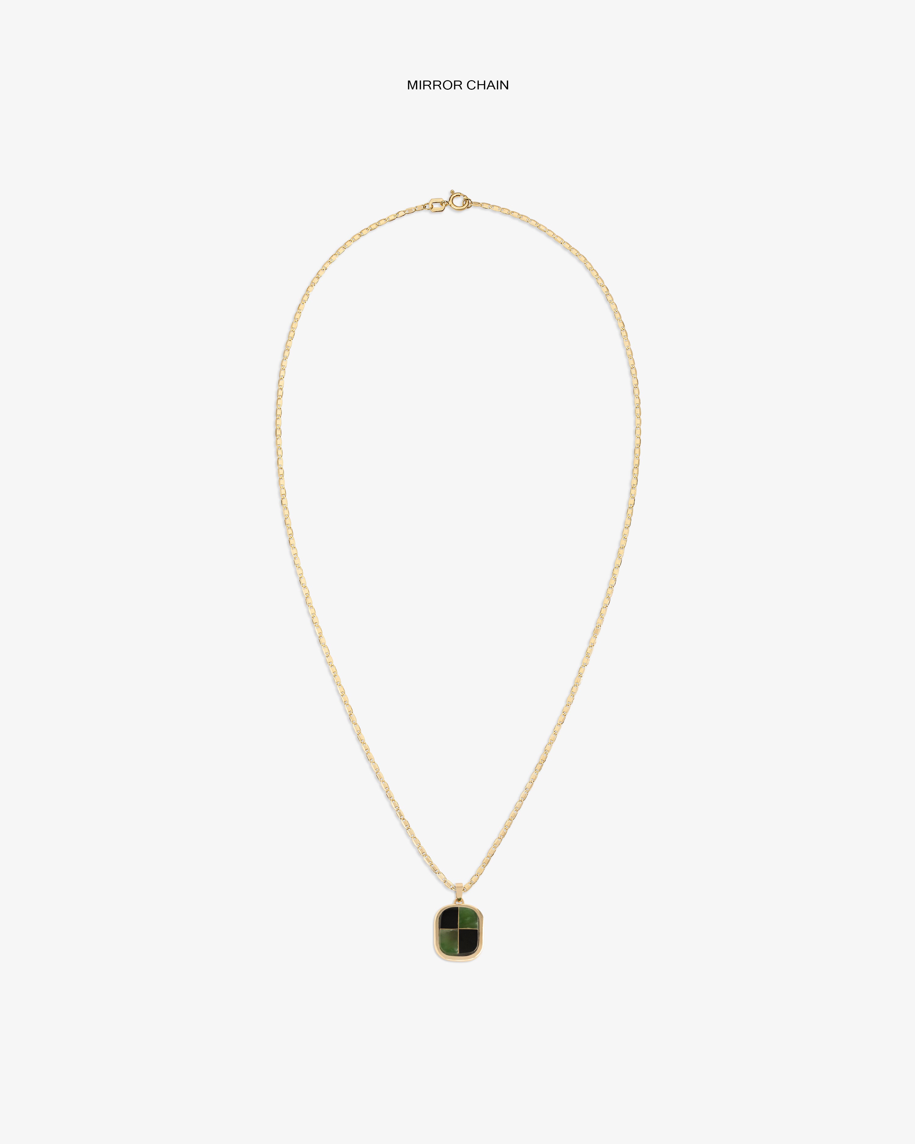 14Kt Gold Mosaic Pendant featuring a twisted chain and rectangular green stone, shown on a white background.