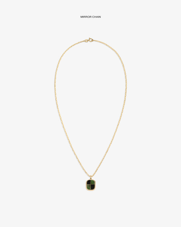14Kt Gold Mosaic Pendant featuring a twisted chain and rectangular green stone, shown on a white background.
