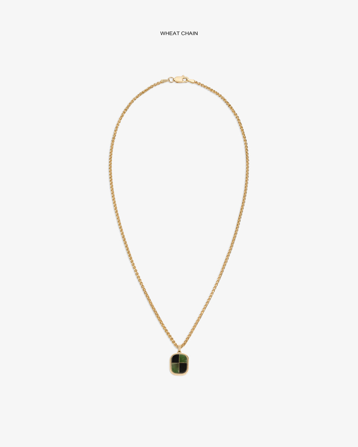 14Kt Gold Mosaic Pendant on a wheat chain with green and black accents, shown on a white background.