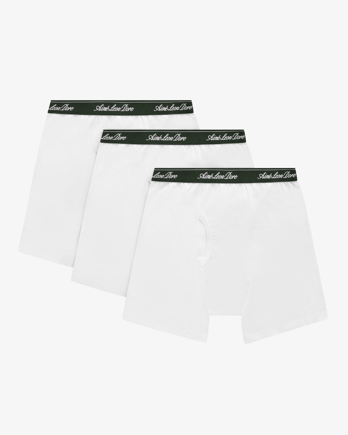 Boxer Brief 3-Pack: Three white pairs with black waistbands featuring white script text, arranged side by side.