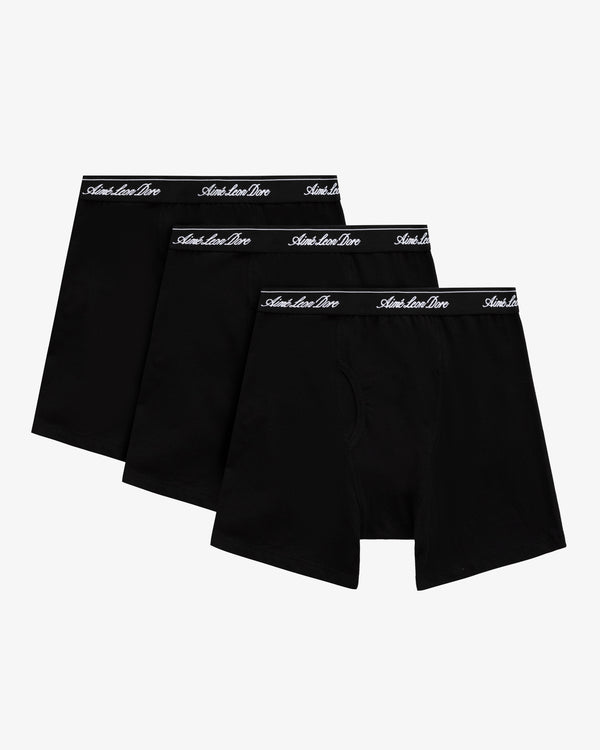 Boxer Brief 3-Pack: three black men's boxer briefs with black waistbands and white cursive writing.