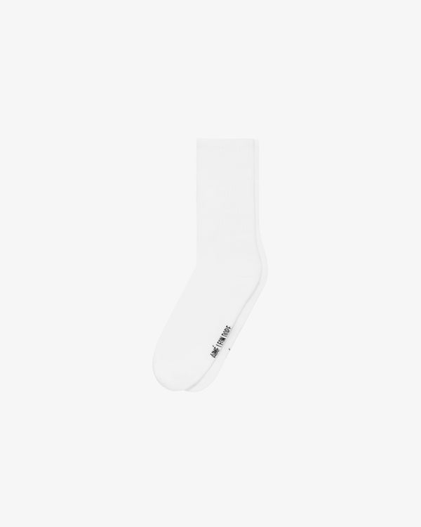 A Crew Sock 3-Pack in white with small black text near the toe, shown on a plain white background.
