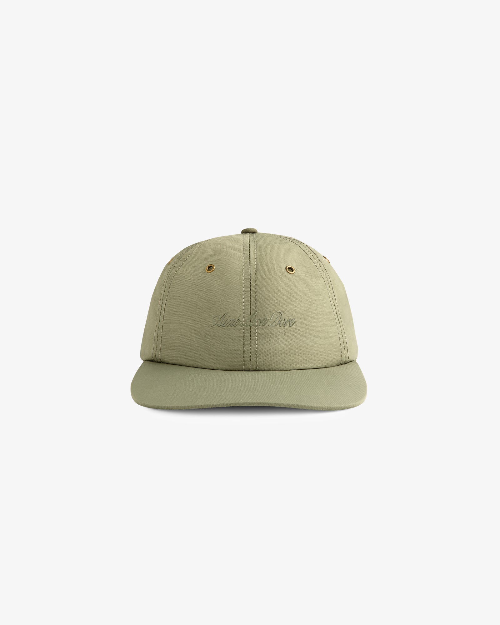 Front view of the Script Sport Hat in light olive green with subtle embroidered text on the front.