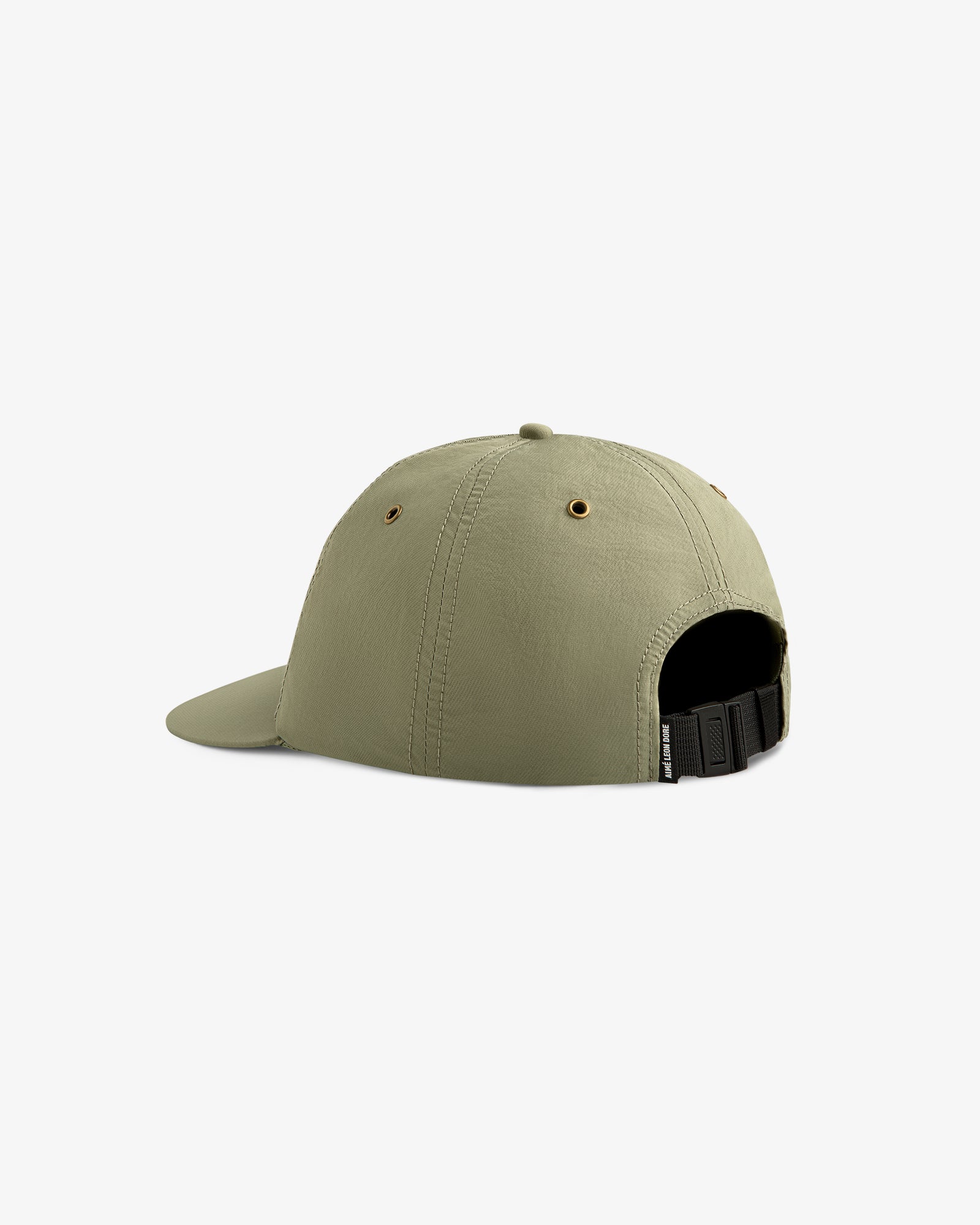 Script Sport Hat in light green, shown from the back with adjustable black strap and metal eyelets.